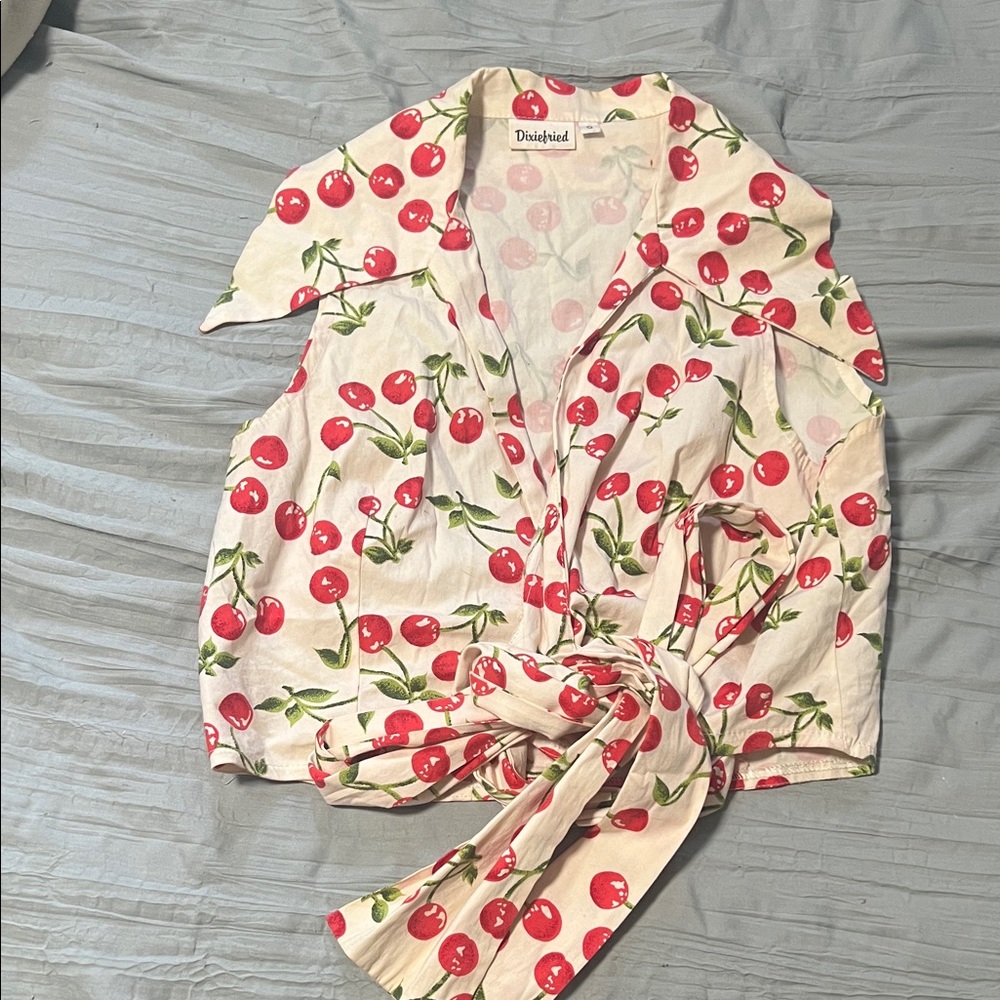 Vintage cherry print wrap sleeveless top
